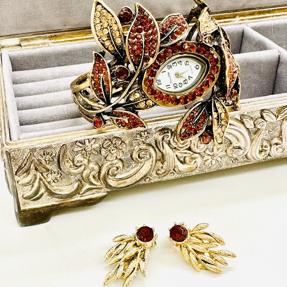 Rhinestone Watch Bracelet & Topaz Earrings - Picture 1 of 14